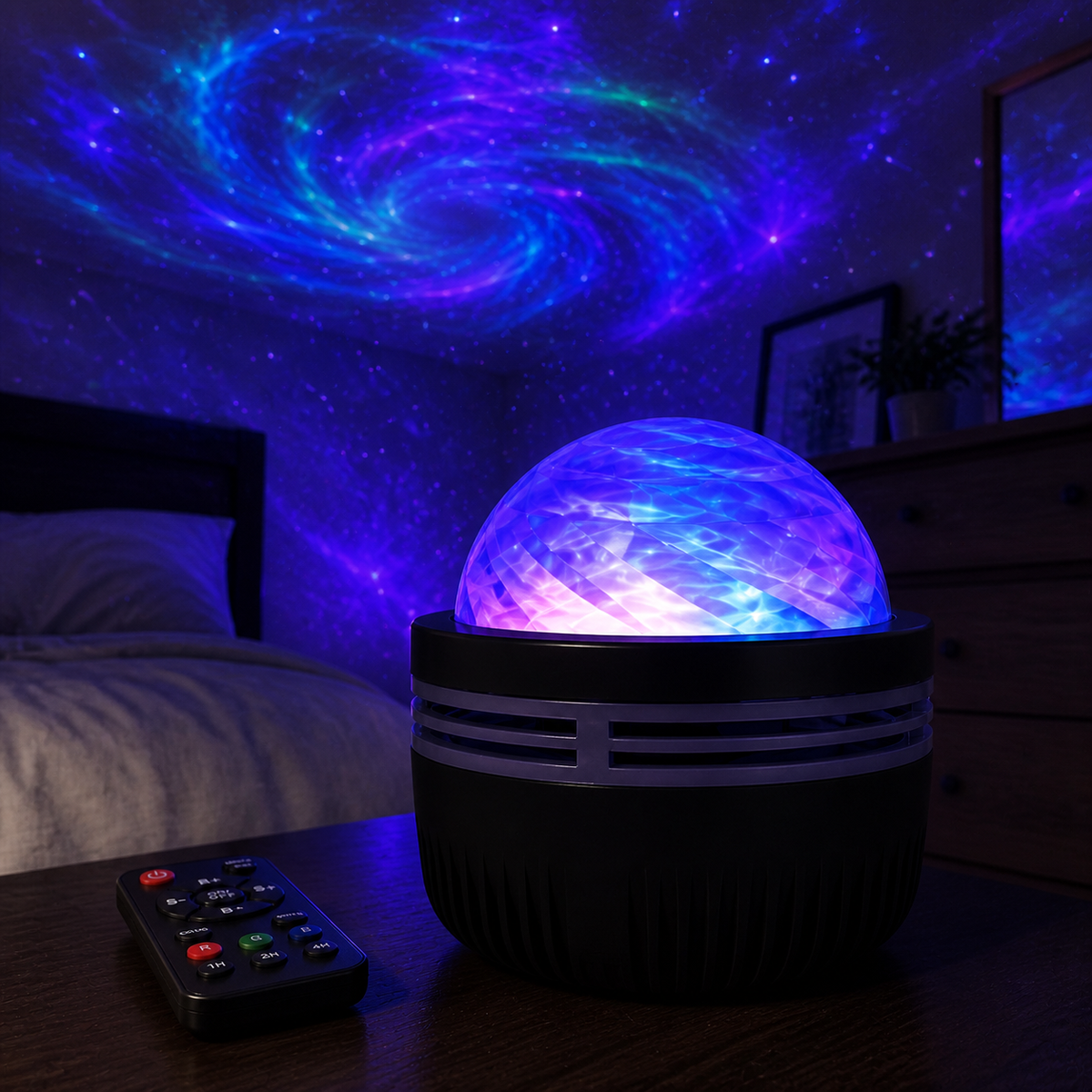 Sector 909 Cosmic Nebula Projector on a bedroom dresser